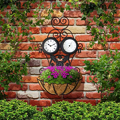 3 In 1 Outdoor Stylish Garden Hanging Planter with Thermometer & Clock Weather Proof (Black)
