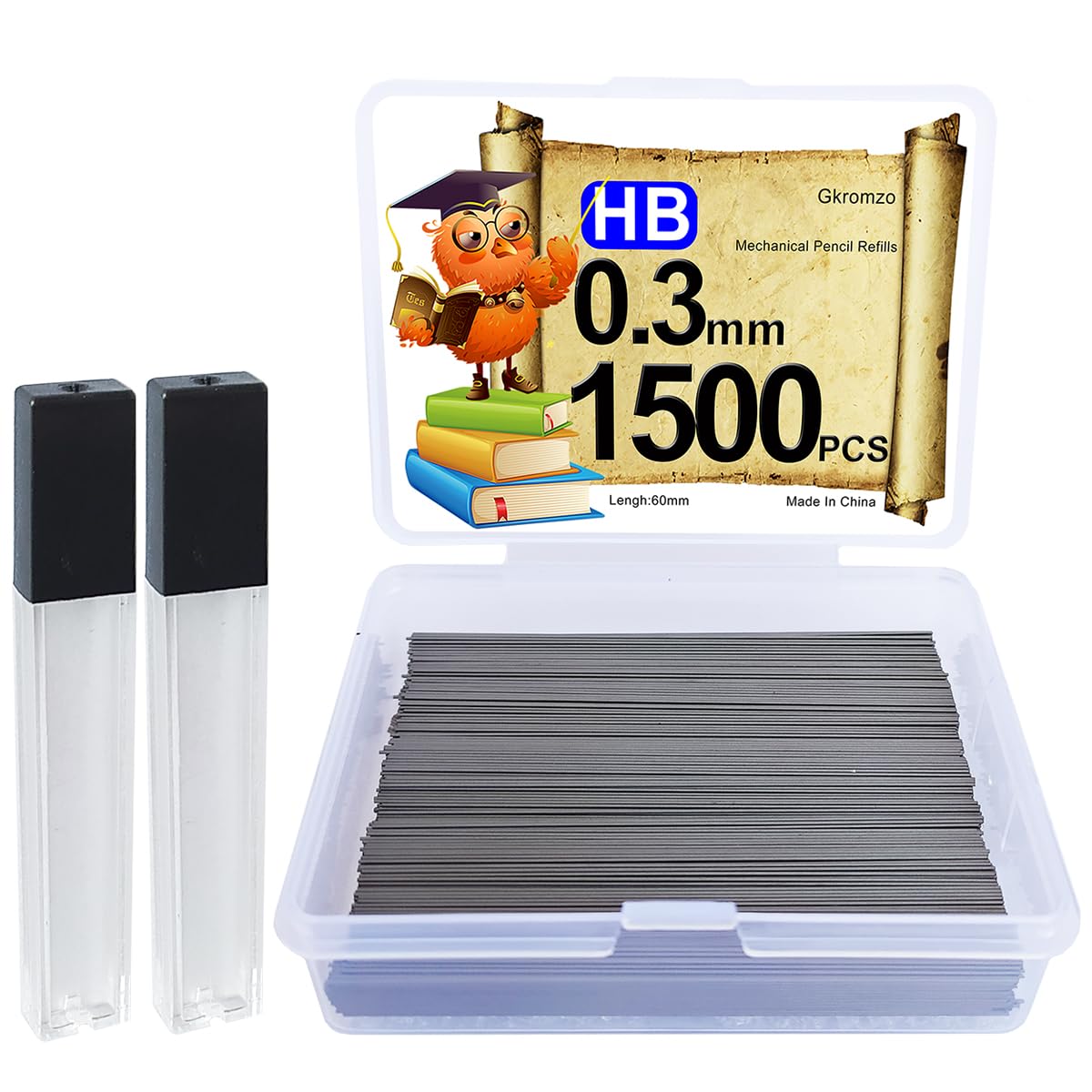Gkromzo 1500 Pack 0.3mm Mechanical Pencil Lead Refills HB Break-Resistant Ultra-Smooth Graphite Precision Writing for Engineering Exams & Art Sketching (length 60mm)