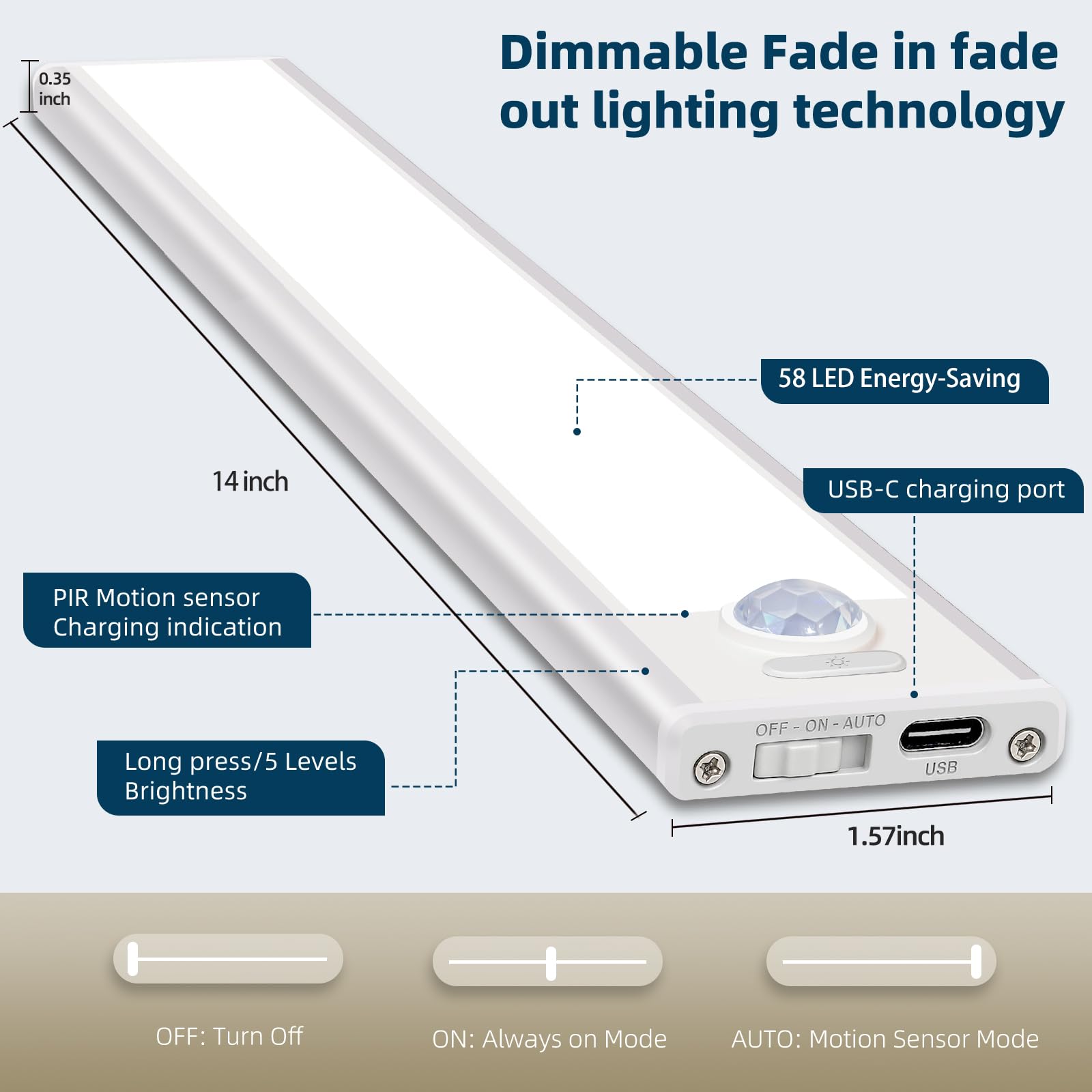 Luces para debajo del gabinete, 70 luces LED con sensor de movimiento para interiores, paquete de 4 unidades recargables por USB, iluminación inalámbrica para debajo del gabinete, luces debajo del