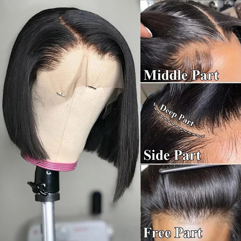 16Inch 13x4 Lace Front Bob Wig Light Blue Human hair 180% Density Brazilian Hair Pre Plucked With Baby Hair HD Transparent Lace Frontal Wig Bleached Knots Straight Glueless Blue Bob Wigs for Women