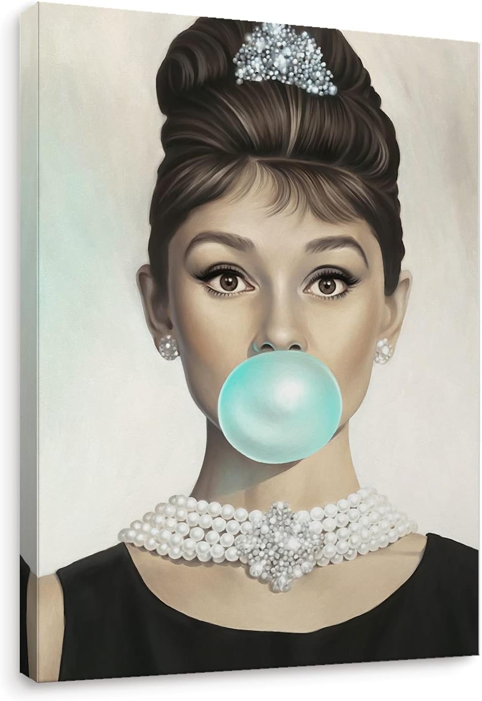 Niwo ART - Audrey Hepburn Tiffany Blue Bubble Gum, Celebrity Canvas Wall Art Home Decor, Gallery Wrapped, Stretched, Framed Ready to Hang (16"x12"x1.5")