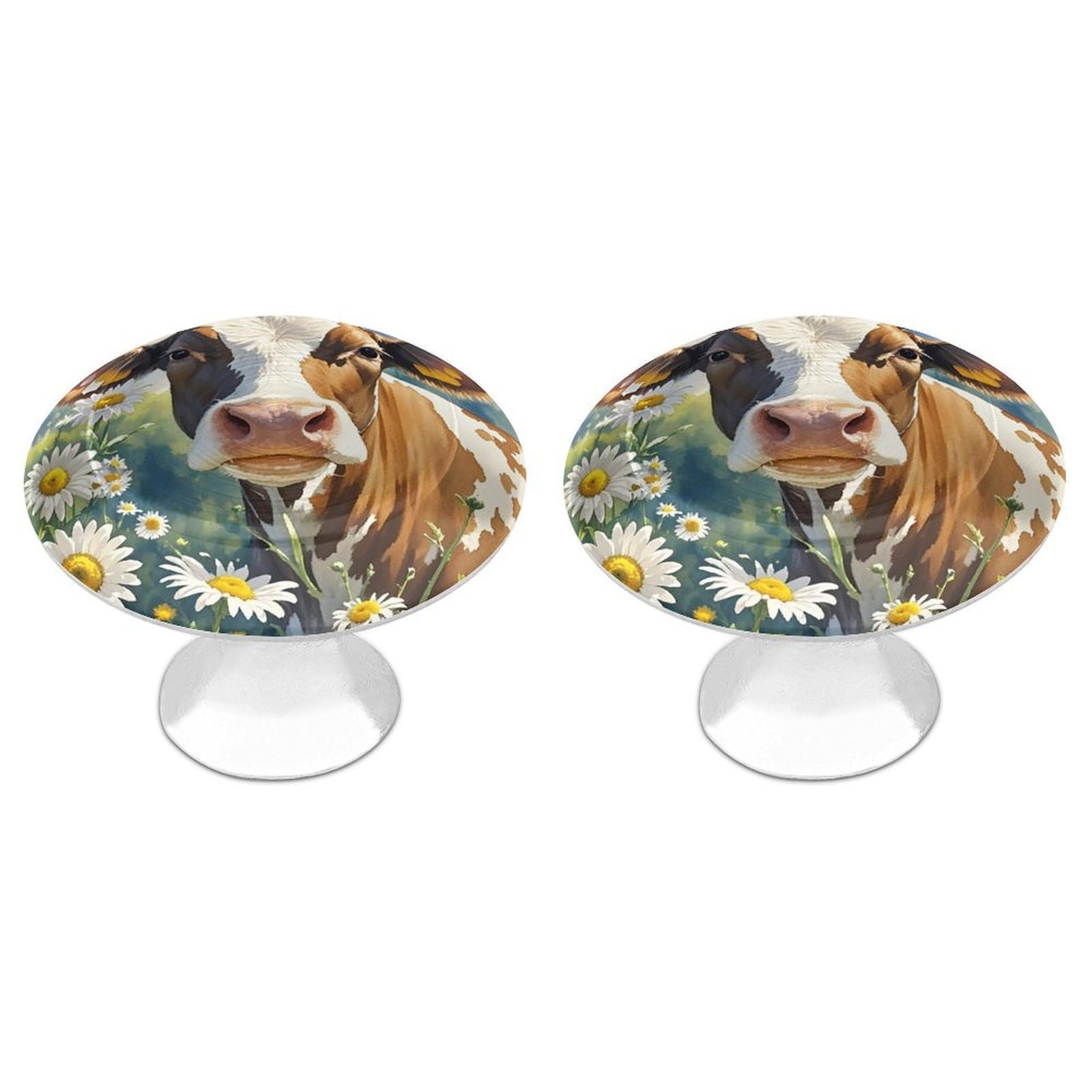 FekiLoot Watercolor Cow and Daisy Flower Cabinet Knob 2 Pack Mini Round Drawer Pulls Stainless Steel Dresser Drawer Knobs Kitchen Drawer Hardware for Bathroom Dresser Closet Door Knobs