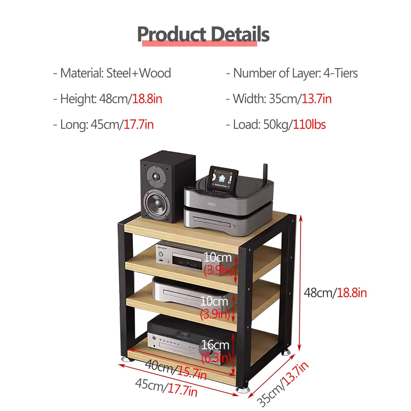 YLLFFLL 4 Layers Media Storage Cabinet - 48cm Tall Small Media Cabinet Portable Space-Saving - Stable Modern AV Stand Audio for Printer, Amplifiers, Record Player (Color : Black-A)