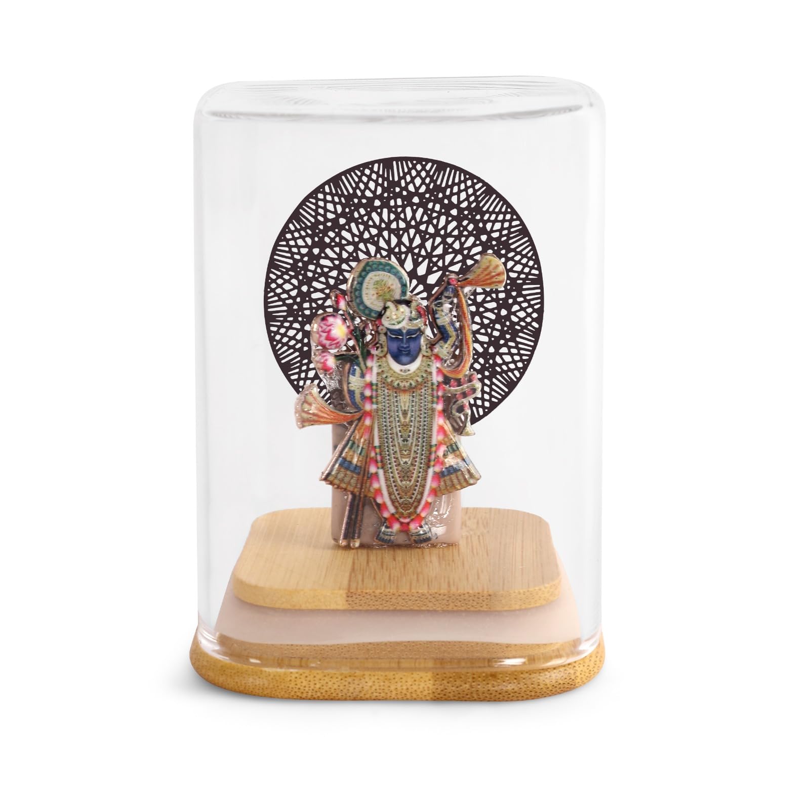 SHREENATHJI 3D Metal Figurine with Glass Dome, Wooden Base, Decorative Tree Backdrop, Religious Home Decor CAR Dashboard Office Table TOP-image-33