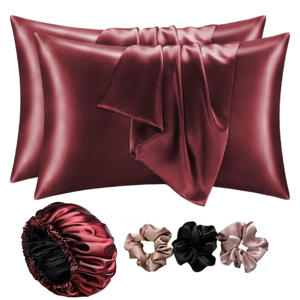 Go well Satin Bonnet for Curly Hair with Free Silk Satin Pillow Covers and Scrunchies | Silk Bonnet for Hair|Best Gift Combo of Pack of 2 Satin Pillowcases with 3 Silk Scrunchies Adjustable HairCap (maroon)-image-38