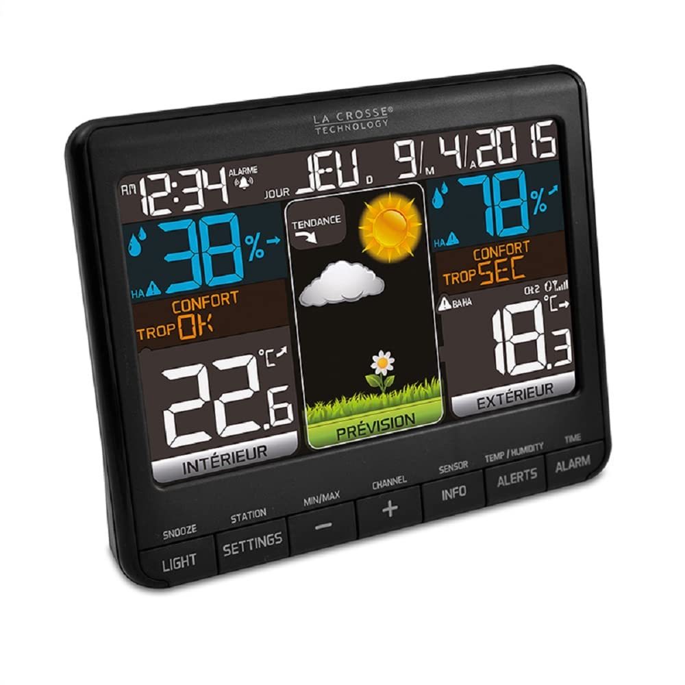 Angle view of La Crosse Technology WS6825 Weather Station display, highlighting the colorful segments for different data types