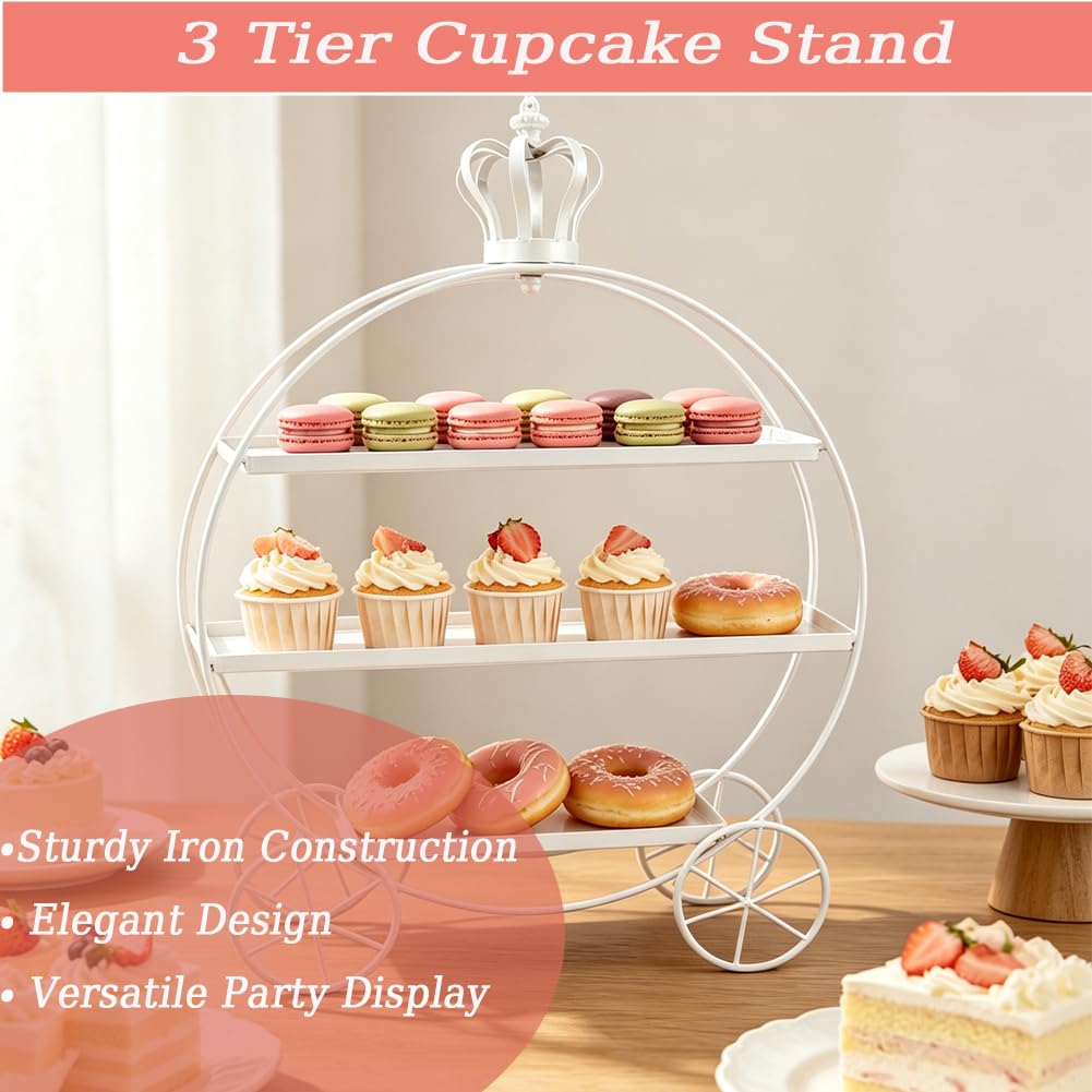 Présentoir à Cupcakes à 3 Étages, Présentoir à Desserts en Fer Forgé en Forme de Couronne, Plateau de Service Métallique à Étages pour Cupcakes, Beignets, Fruits et Biscuits(Blanc)