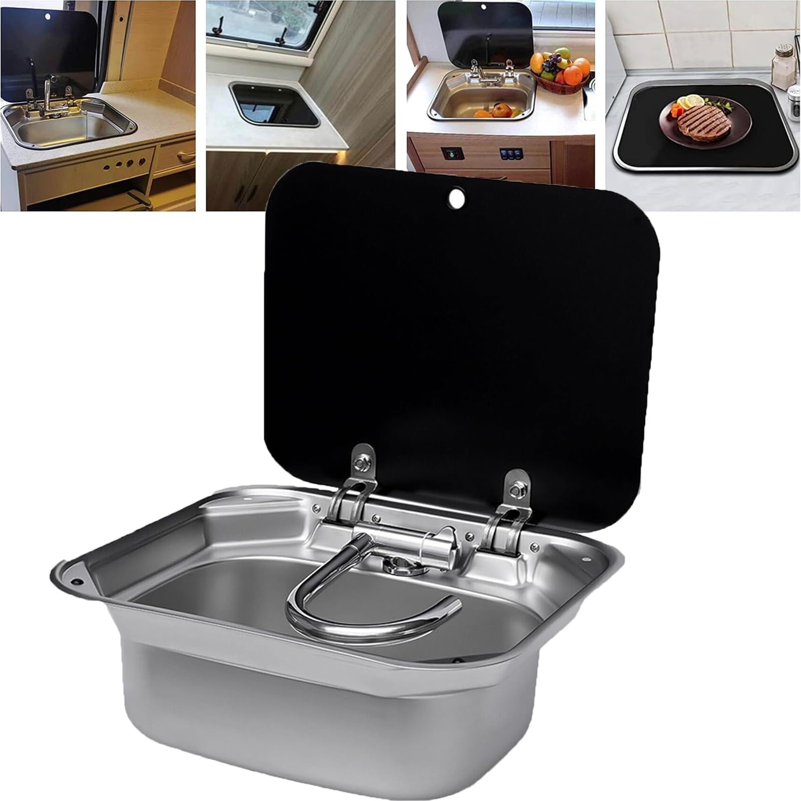 Fregadero de Cocina para Autocaravana con Grifo Plegable, Fregadero de Cocina Bajo Encimera de Acero Inoxidable 304 con Tapa, para Caravana, Remolque o Autocaravana