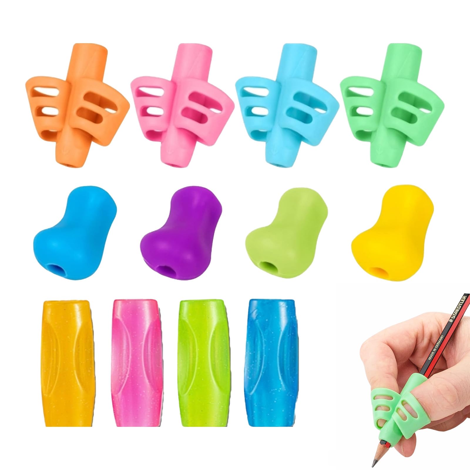 Aide à l'écriture pour stylos enfants, porte-stylos silicone ergonomiques pour gauchers ou droitiers, lot de 12 pièces