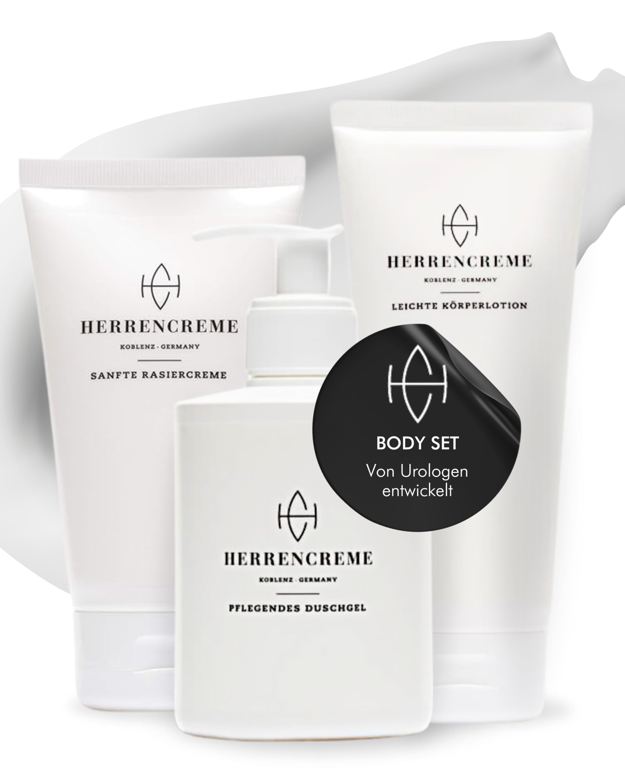 HERRENCREME Körperpflege-Set inkl. Duschgel, Körperlotion & Rasiercreme I Sanftes Waschgel für Gesicht & Körper I Feuchtigkeitsspendende Body-Lotion I Shaving-Cream für Gesicht- & Intimbereich
