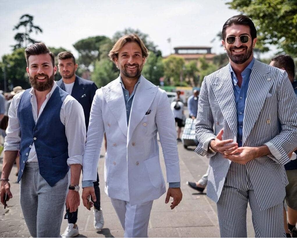 HZUOU Men's Striped Seersucker Suits 2 Piece Slim Fit Wedding Tuxedo Summer Beach Leisure Suits Sets HZH13