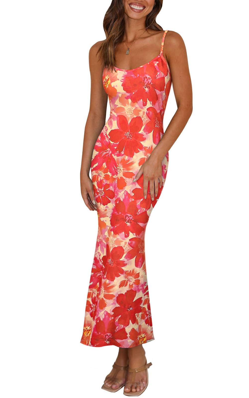 Angashion Womens Summer Dresses - Floral Spaghetti Strap Stretch Bodycon Maxi Dress Sexy Backless Slip Long Dresses