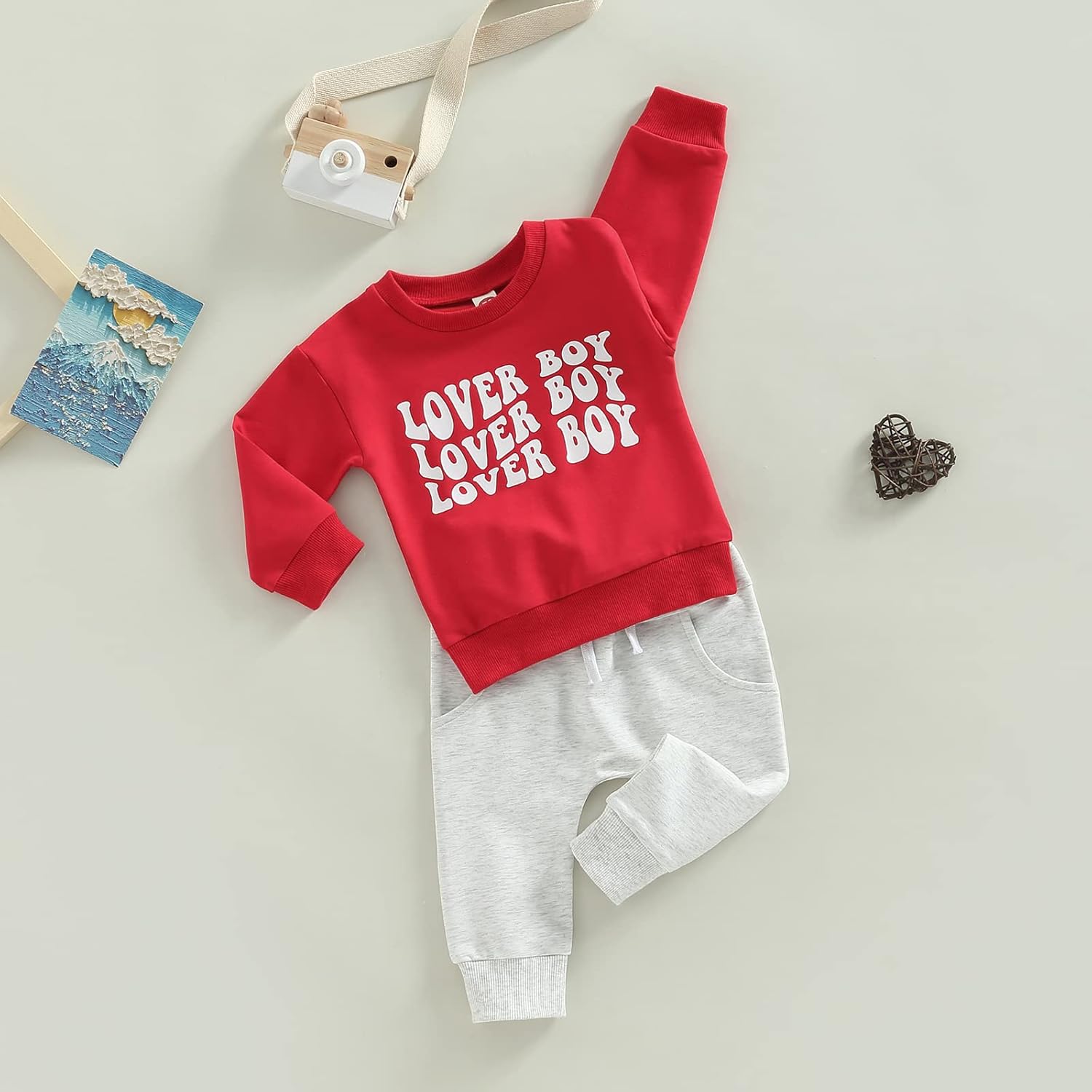 Toddler Baby Boy Valentines Outfits Letter Print Long Sleeve Sweatshirt Sweatpants Set Valentine Clothes Set - Image 2