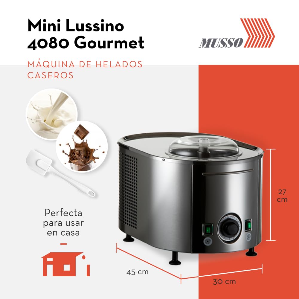 Musso Mini Lussino 4080 Gourmet Máquina de Helados Casera - Dos Sabores y Espátula de Silicona | Heladora Italiana para Casa | Heladera para Hacer Helado, Gelato, Granizado | Robusta y Fácil de Usar