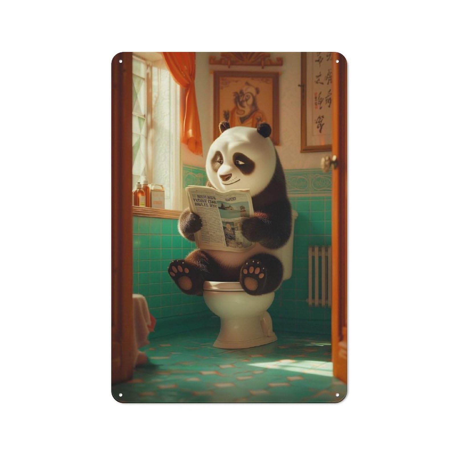 Junmoney Panda Sitting On Toilet Vintage Tin Sign 30X20cm For Home Bar Wall, For Collectors Of Vintage Metal Wall Decor