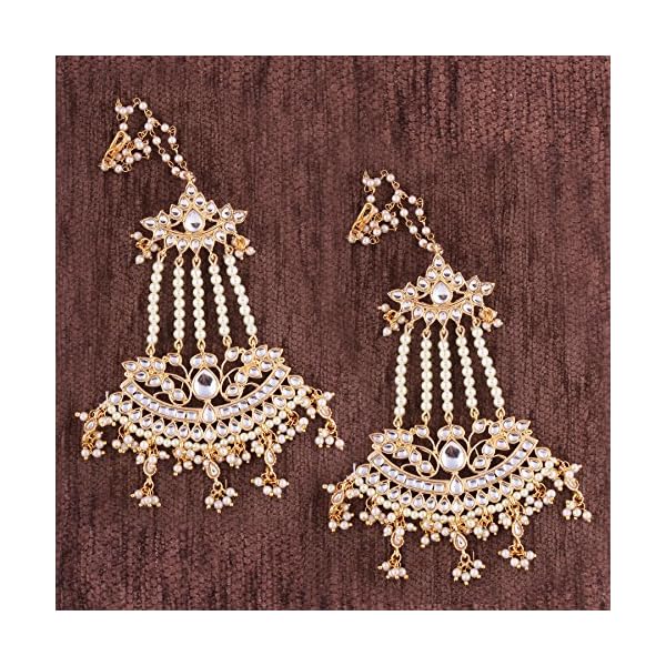 Peora White Baby Pearls & Kundan Studded Drop Earrings with Chains Gift for Women - Image 3