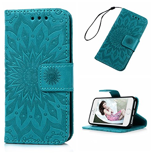 MOLLYCOOCLE iPhone SE 5S 5 Case, Wallet Case Embossed Sunflower Blue PU Leather Kickstand Magnetic Flip Folio Card Holders Slots Hand Strap Cover Case for iPhone SE 5S S