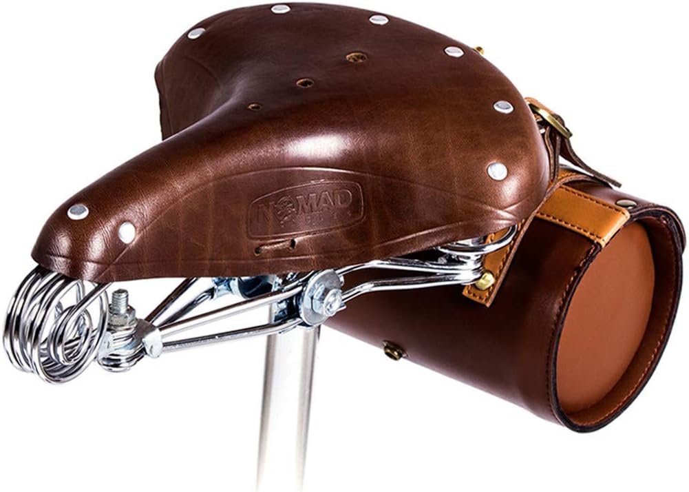 UNISTRENGH Vintage Classic Bicycle Saddle Brown Leather Saddle Coil Spring Rivets Bike Seat with Clamp and Rivet
