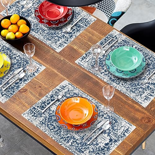 Image of Navy Blue Gray Boho Placemats Set of 6 Ethnic Bohemian Carpet Place Mats Washable Kitchen Dining Vintage Grey Geography Floral Linen Table Mats Stain Heat-Resistant for Home Party Indoor 12x18 in