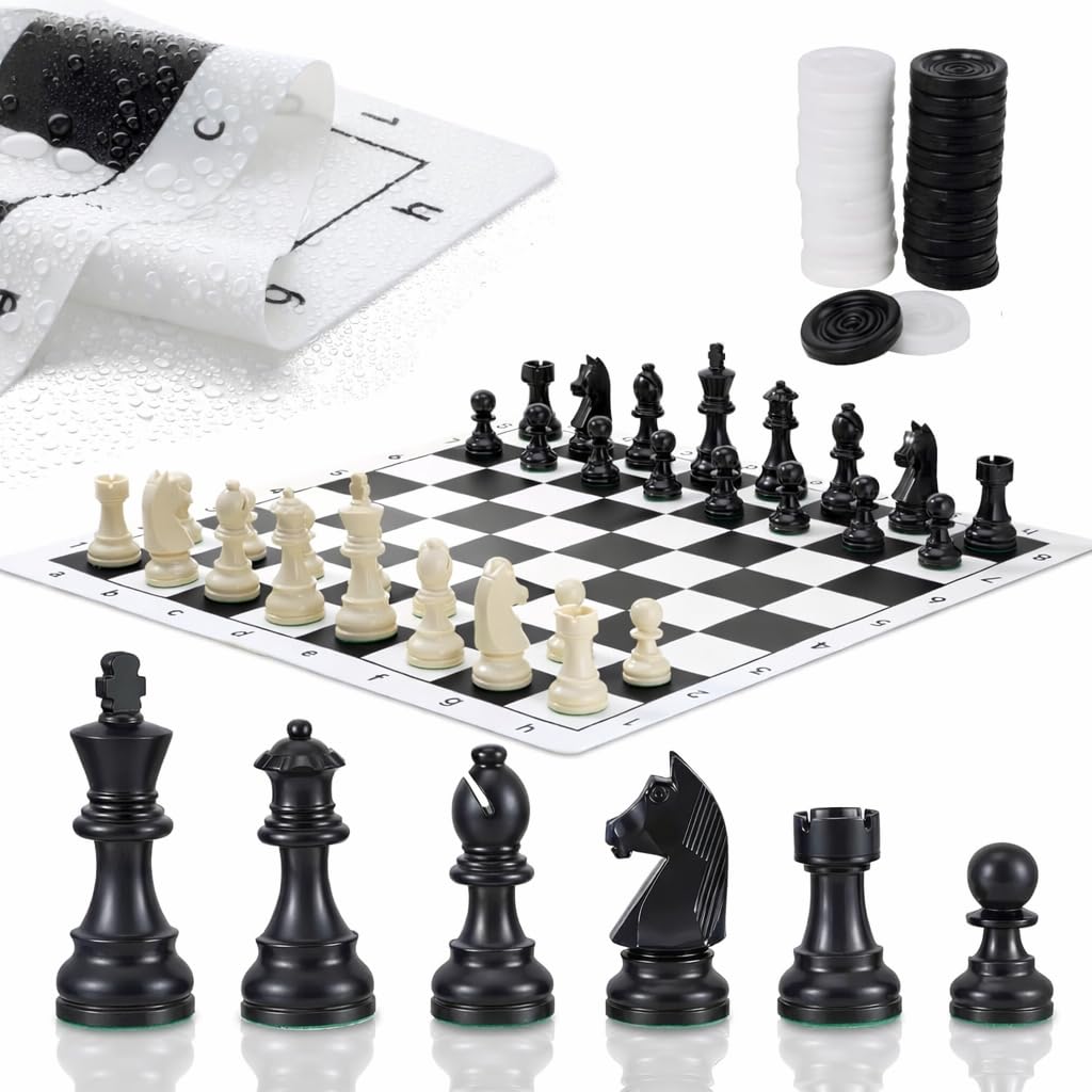 SUPER TOY 10" Portable Chess & Checkers Set, 2 in 1 Travel Board Games for Kids and Adults, Folding Roll up Chess Game Sets, Extra 24 Checker Pieces, Tournament Thick Mousepad Mat (Black & White)-image-30