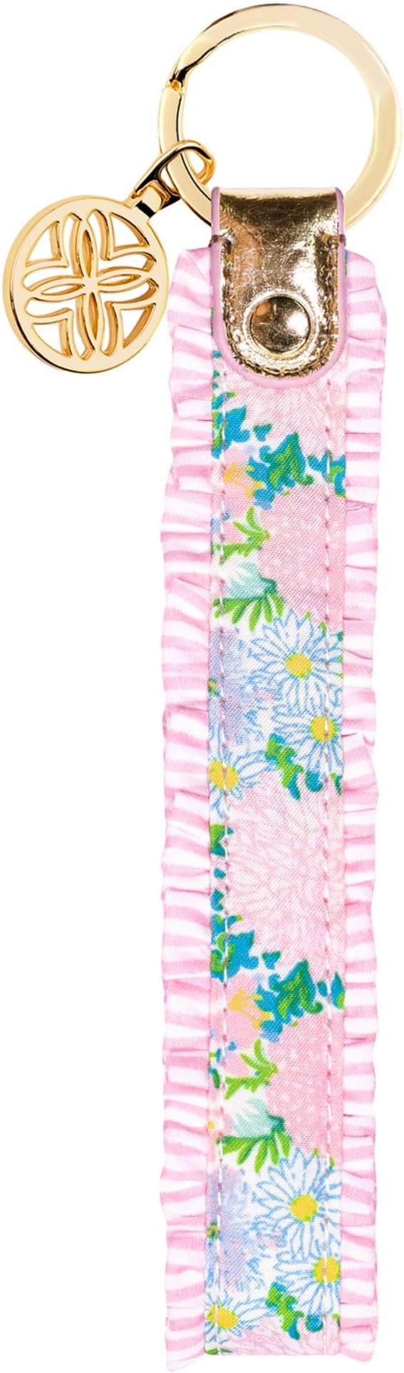 Cotton Strap Key Chain with Ruffle Edge, Cute Wristlet Keychain Accessory with Metal Ring and Logo Charm (Lilly Garden Home)