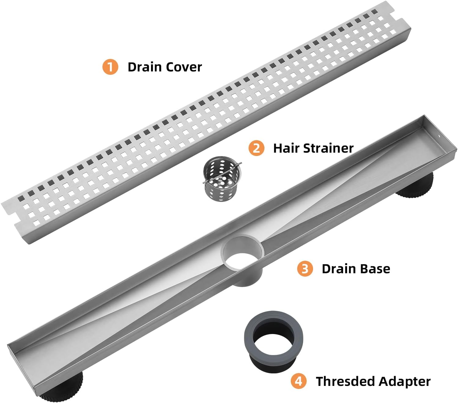 48 Inch Linear Shower Drain - Brushed Nickel 304 Stainless Steel Rectangular Floor Drain with Adjustable Leveling Feet, Hair Strainer and Removable Grate