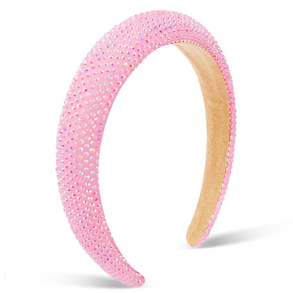 AHONEY Glitter Headbands Rhinestone Headband for Women Girls Padded Embellished Head Band Bling Sparkly Wide Headpieces Disco Headband Birthday Party Hair Accessories (Pink)