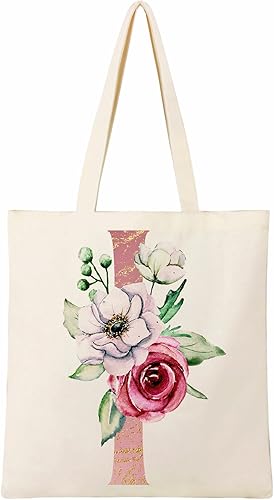 BeeGreen Bolsa de mano con iniciales florales con 2 bolsillos, bolsa de lona con monograma, bolsa de compras reutilizable, bolsa de regalo
