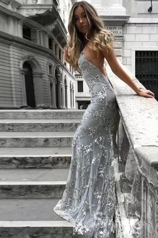 Women's Sequin Mermaid Prom Dresses Long 2025 V Neck Spaghetti Strap Backless Formal Evening Gowns for Teens 6823