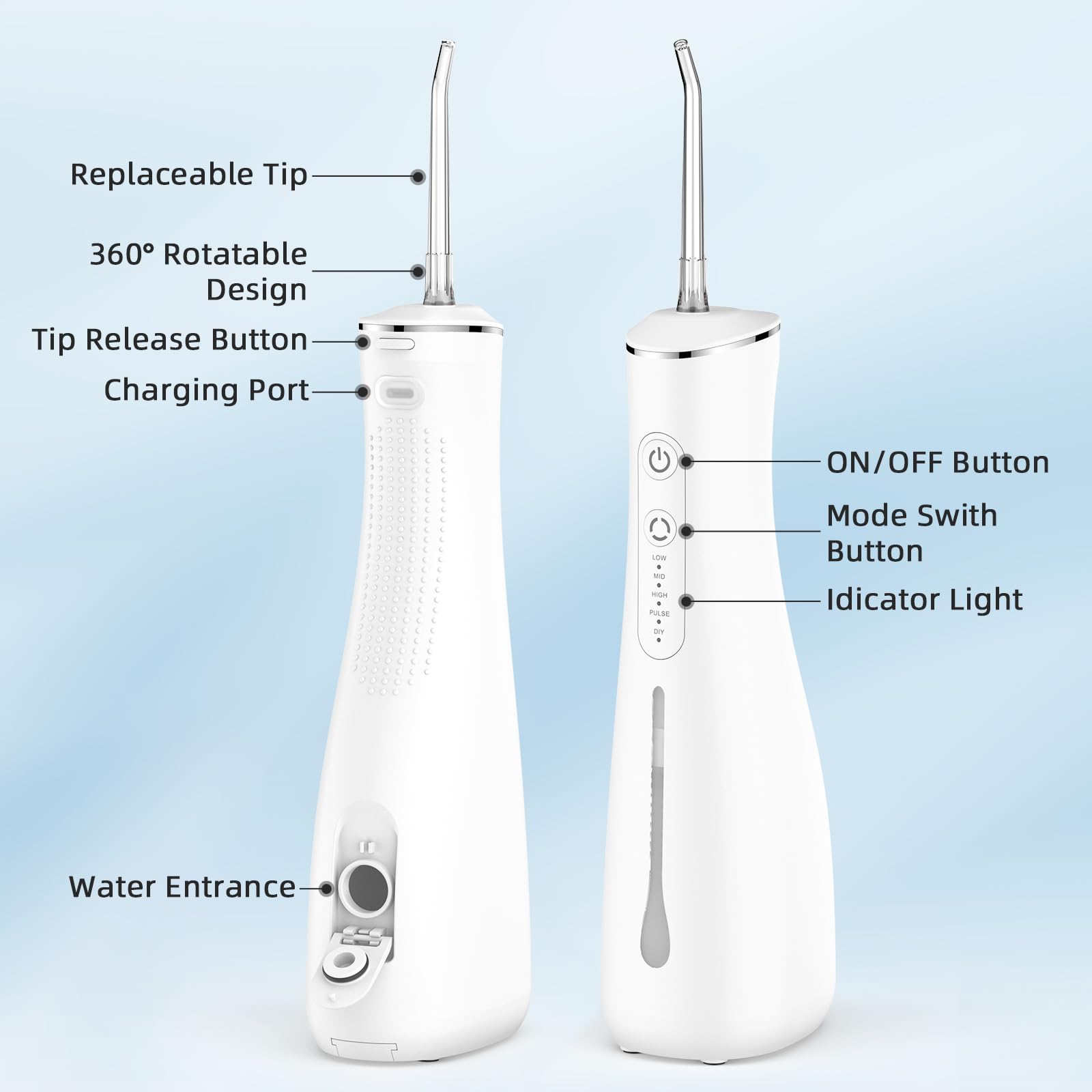 Hydropulseur dentaire sans fil rechargeable avec 4 embouts de jet, réservoir d'eau de 300 ml, étanche IPX7, pour voyage à la maison (blanc)