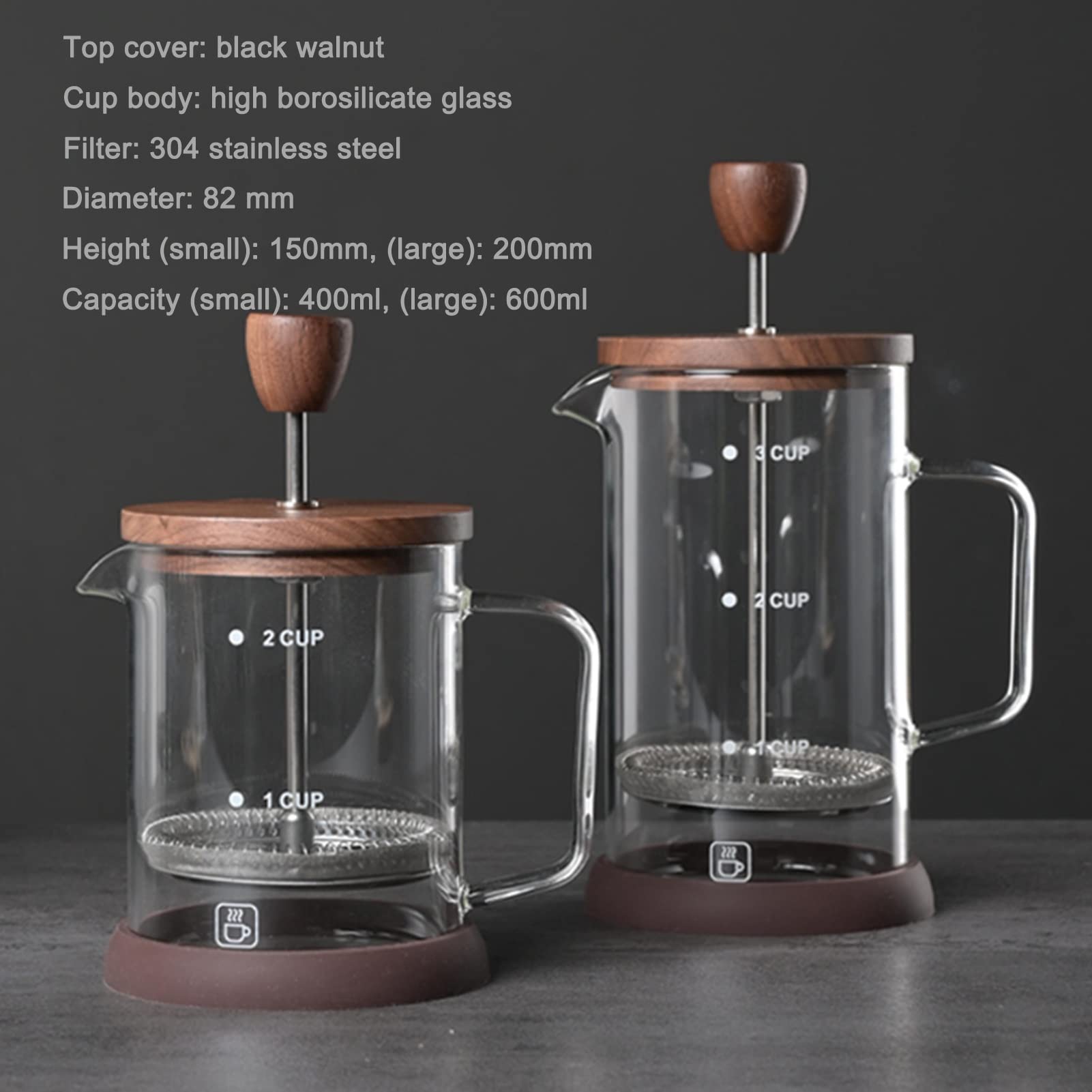 Cafetera Émbolo, Vidrio De Borosilicato 304 De Acero Inoxidable Transparente Cafetera Francesa Tetera Con Filtro De 3 Niveles, Resistente Al Calor Duradera, Para Camping Regalos De Viaje, Fácil De Li