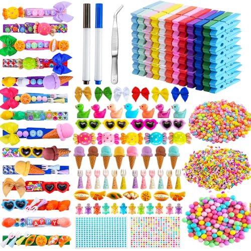 100 Set Cheer Pins Spirit Clips, 100 Wooden Colored Clothes Pins 170 Resin Animals Ducks Bows Accessories and Stickers Pen 300 Beads Pearls for Cheerleading Backpacks Cheer Gifts Bulk