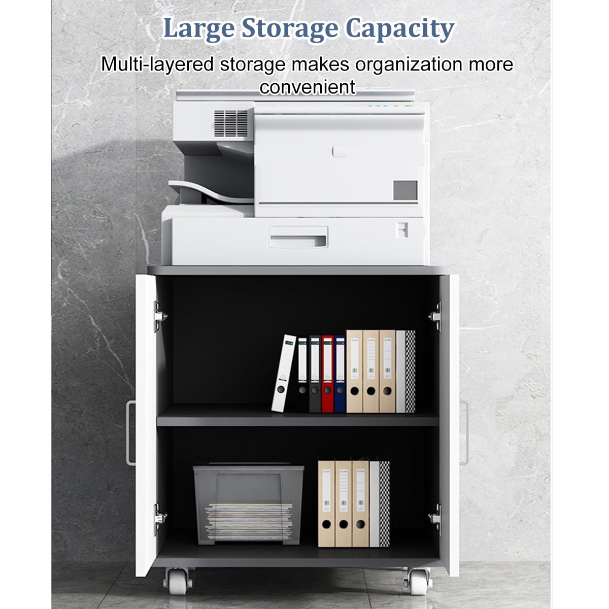 Soporte para impresora debajo del escritorio, gabinete de impresora estrecho de 60 cm con estantes, mesa de impresora moderna para espacio de trabajo (blanco, 60 cm de alto)