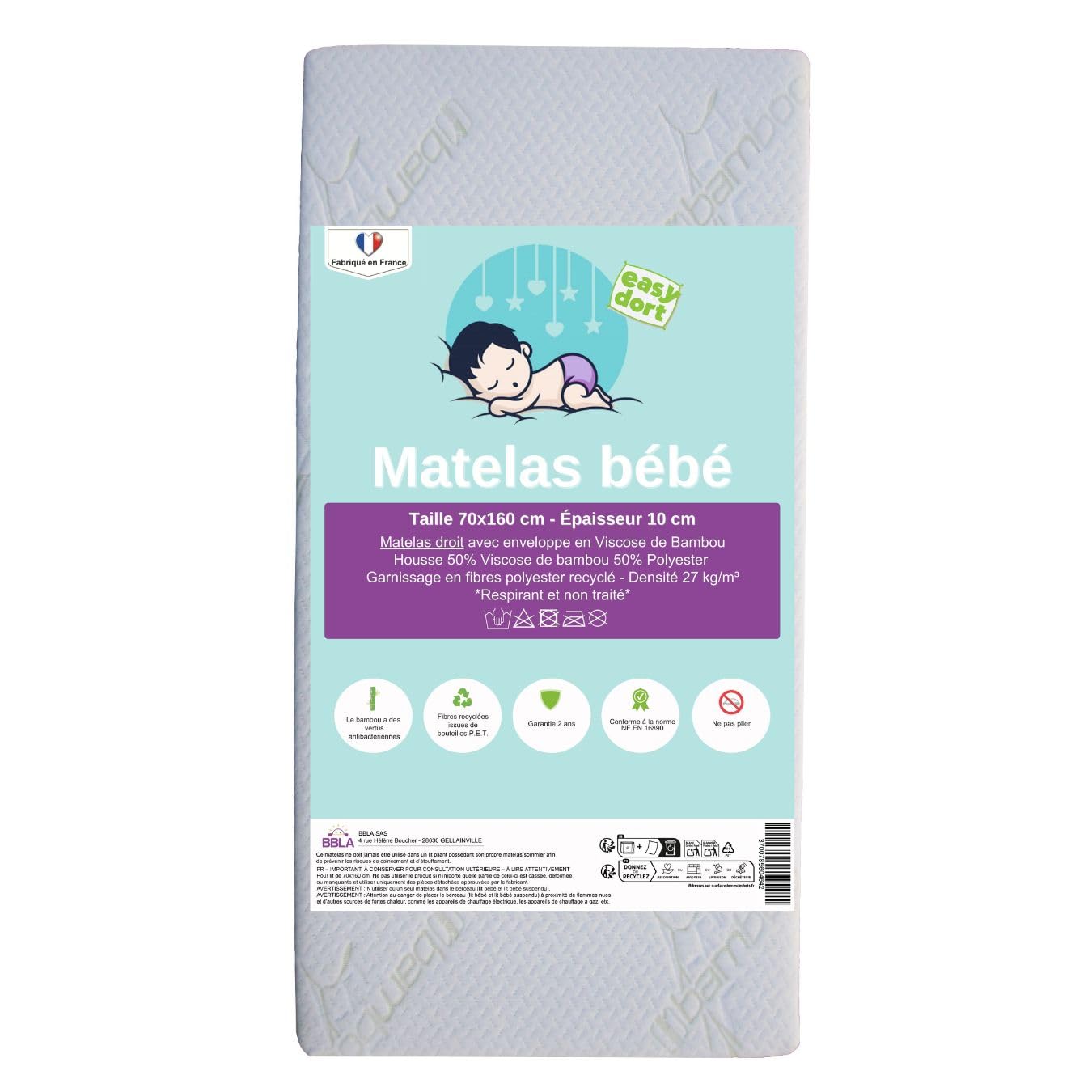 Easy Dort Materac dziecięcy 70x160 cm | Materac dziecięcy | Wyprodukowano we Francji | Lato i zima | Dwustronny | Bardzo wygodny | Biały pokrowiec z bambusa