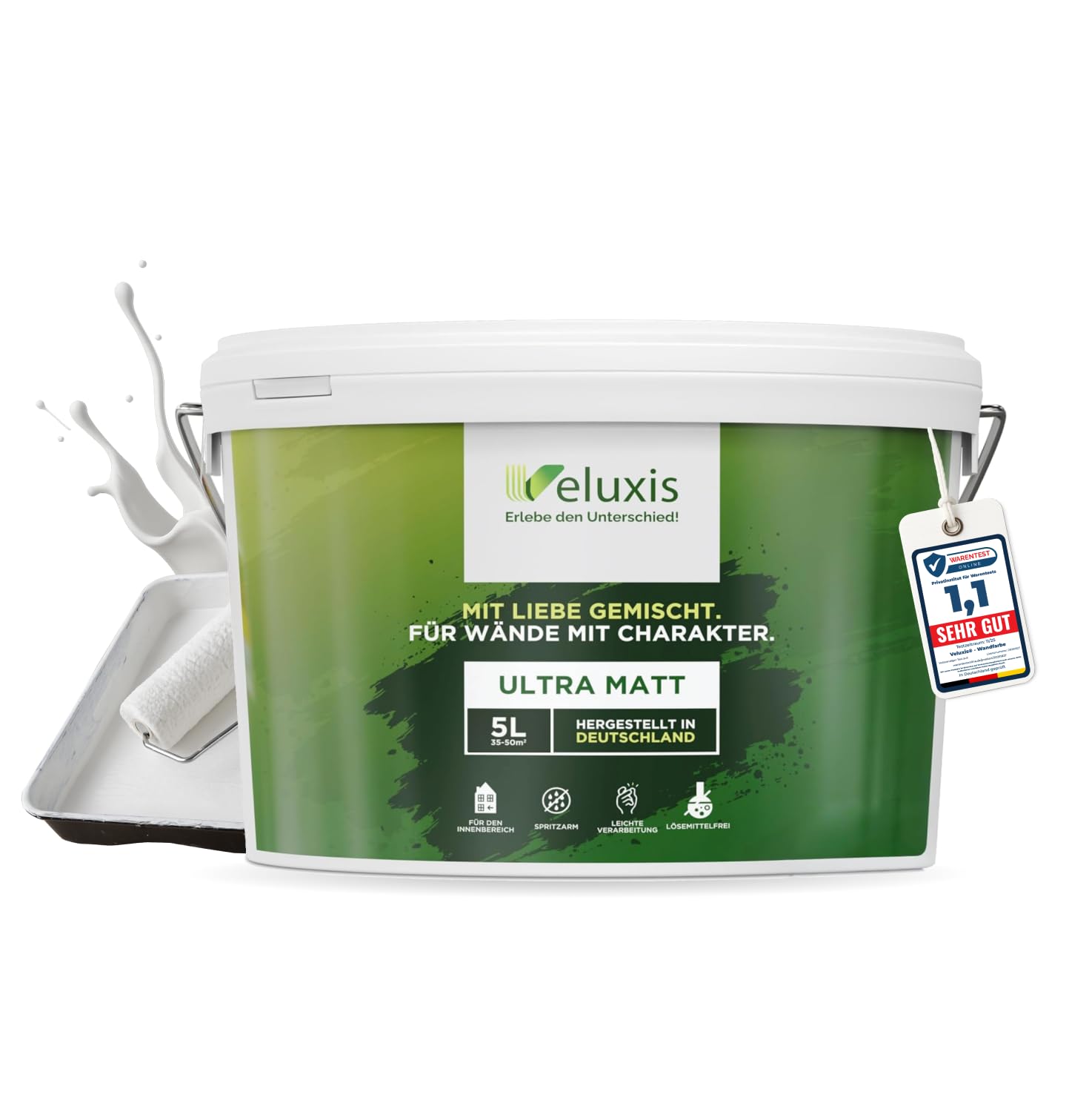 Veluxis Wandfarbe Weiß Matt Innenfarbe – Deckkraft Klasse 1, VOC-frei, Ohne Grundierung, Tropfarm – Wohnzimmer & Schlafzimmer – 5L (Pure White)