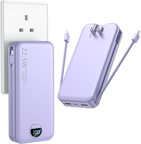 Cargador portátil con enchufe de pared, cargador de batería USB C de 20000 mAh de carga rápida, batería externa con cables integrados, pantalla