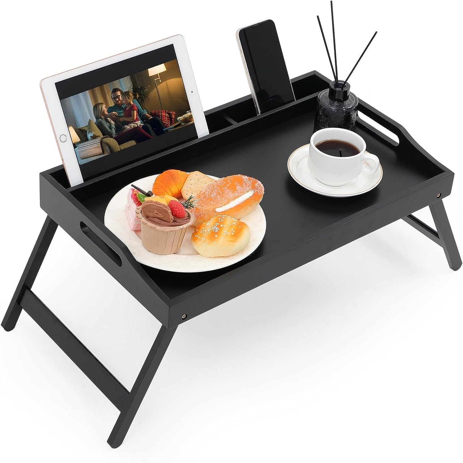 Vivaas Black Bamboo Bed Tray Table With Foldable Legs Breakfast Tray For Sofa, Bed, Eating, Working Snack Tray Laptop Stand Multipurpose Lap Tray With Media Slot Food Tray With Carrying Handles (Black)