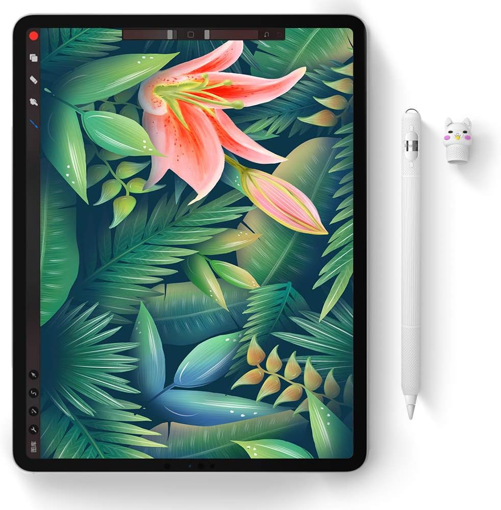 White silicone case on Apple Pencil next to an iPad.