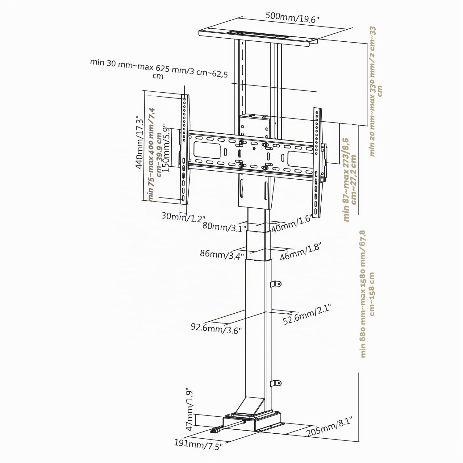 Maclean MC-866 - Supporto per TV Elettrico Regolabile in Altezza, da Montare, 37-65", con Telecomando, Max 50 kg, VESA 600x400