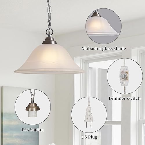 Miniatura 4 de Lámpara colgante vintage enchufable, luces colgantes con cable de enchufe, cable de 16.4 pies y cadena de 14.7 pies regulable de níquel cepillado,