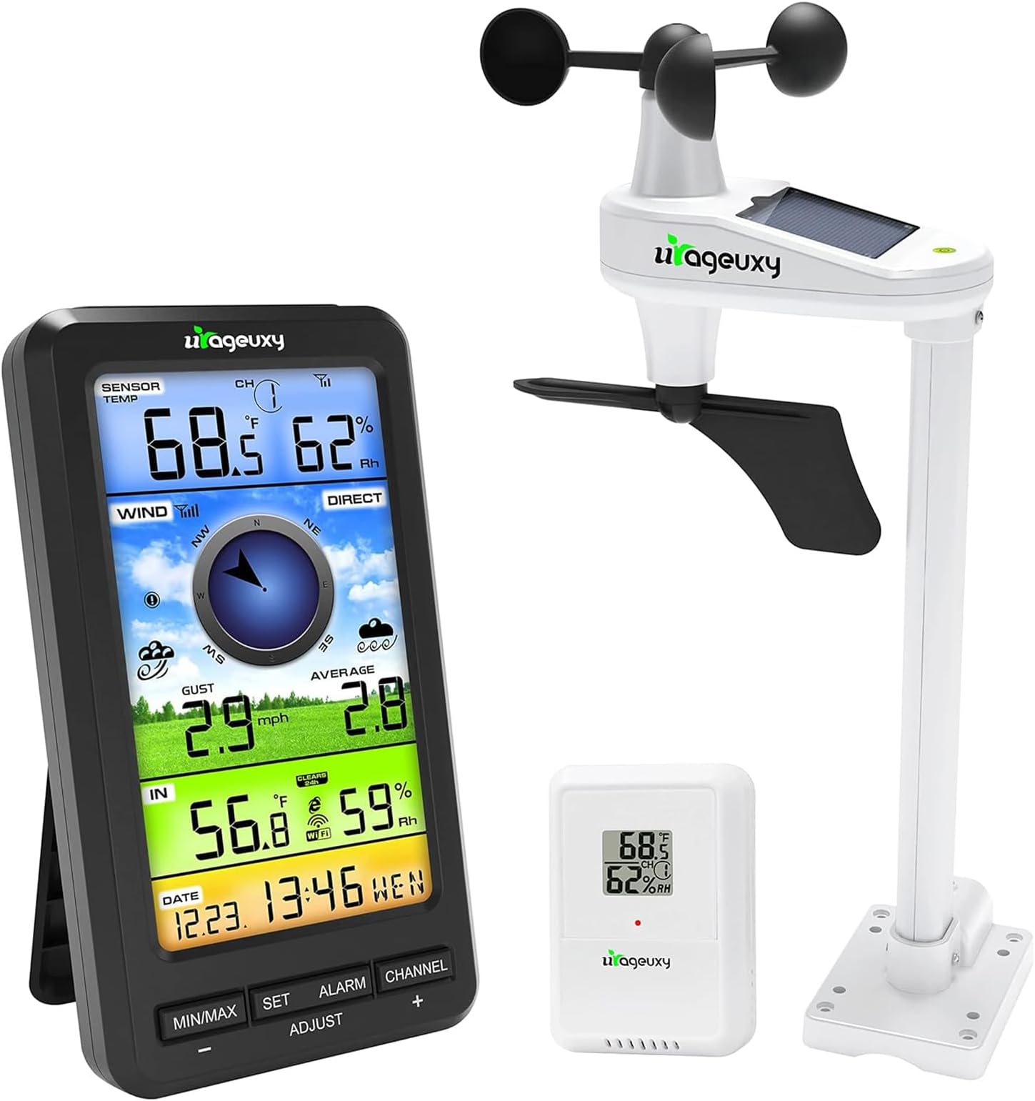 Urageuxy Wireless WiFi Weather Station Anemometer with Solar Wind Speed/Direction, and Indoor Outdoor Thermometer and Hygrometer