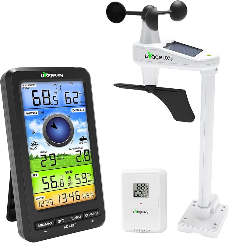Urageuxy Anemómetro inalámbrico de estación meteorológica WiFi con velocidad/dirección del viento solar y termómetro e higrómetro para interiores y exteriores