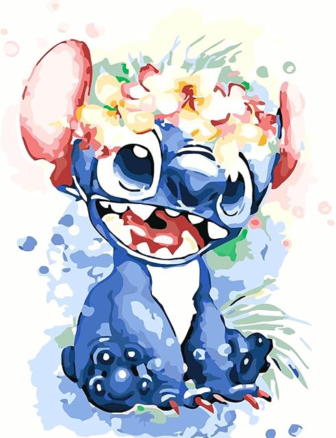 DIY Paint by Numbers Kits, Amiiba Stitch Life, Colorful Flowers and Bubbles 16x20 inch Acrylic Painting by Number Wall Art Crafts (Stitch, Without Frame)
