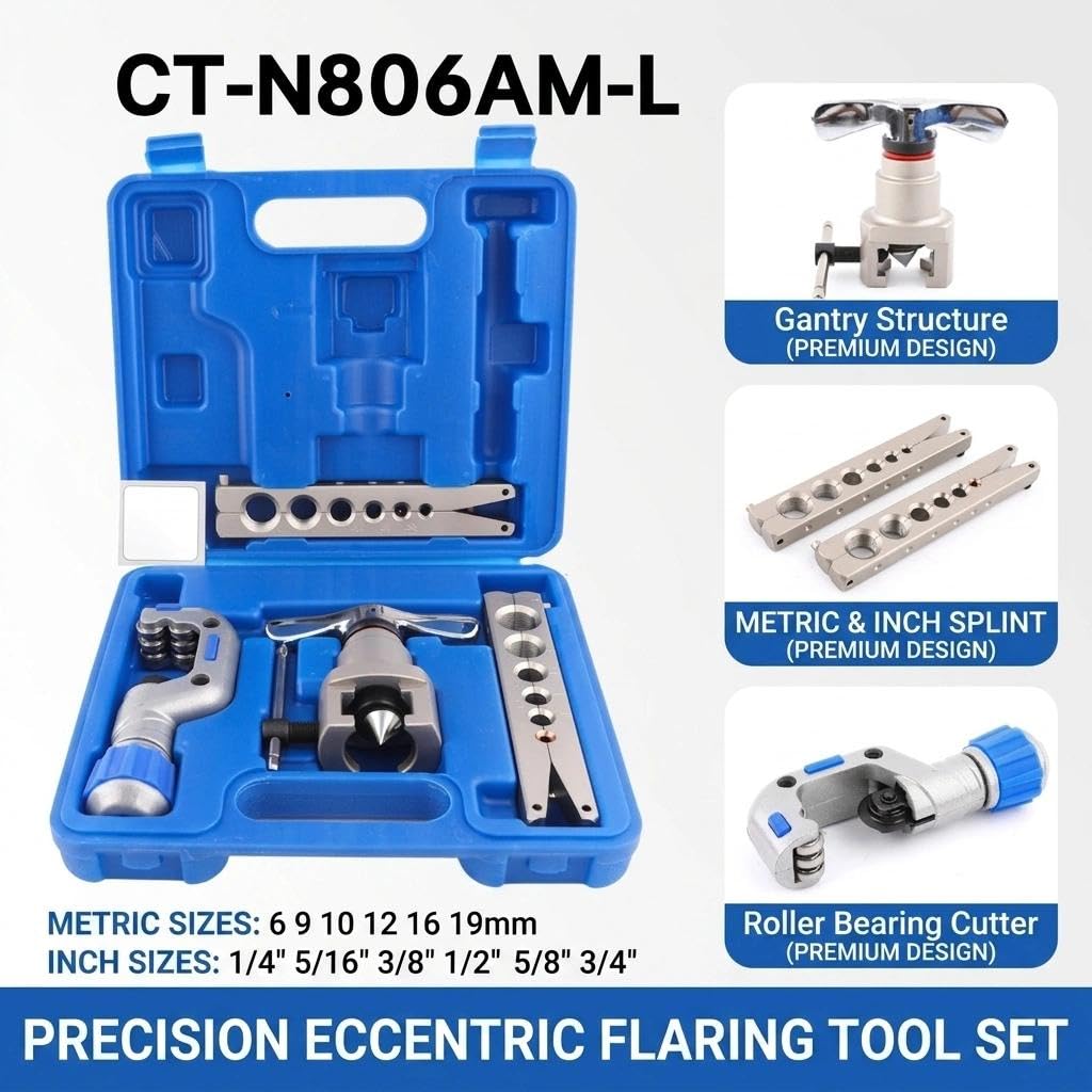 ARCSUN Bördelwerkzeug Set Klimaanlage 5-19mm 1/8-3/4 Zoll Exzentrisches Bördelgerät Kupferrohr-Expander mit Rohrschneider(Eccentric Flaring Tool CT-806AM-F)
