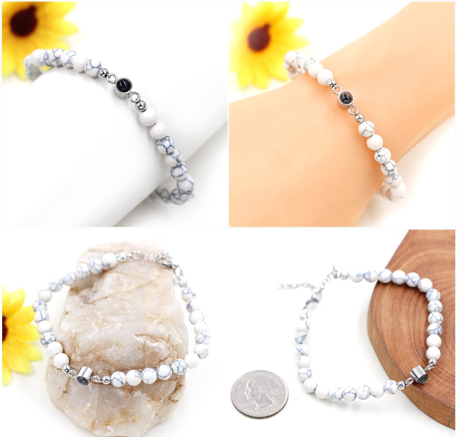 MOCHAMIK Te Amo Pulseras en 100 Idiomas Regalos para Parejas a Juego - Juego de Pulseras con Cuentas de ónix Negro y Turquesa Blanca de 6 mm para Novio y Novia