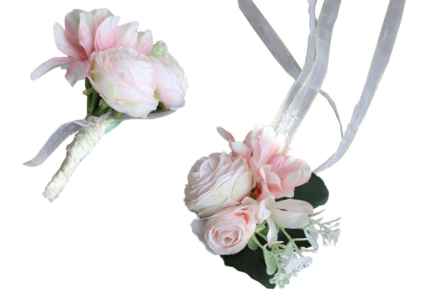 Flonding Wrist Corsage and Brooch Boutonniere Set for Wedding Event Party Prom Wristband Hand Flower Suit Decor (Pink)