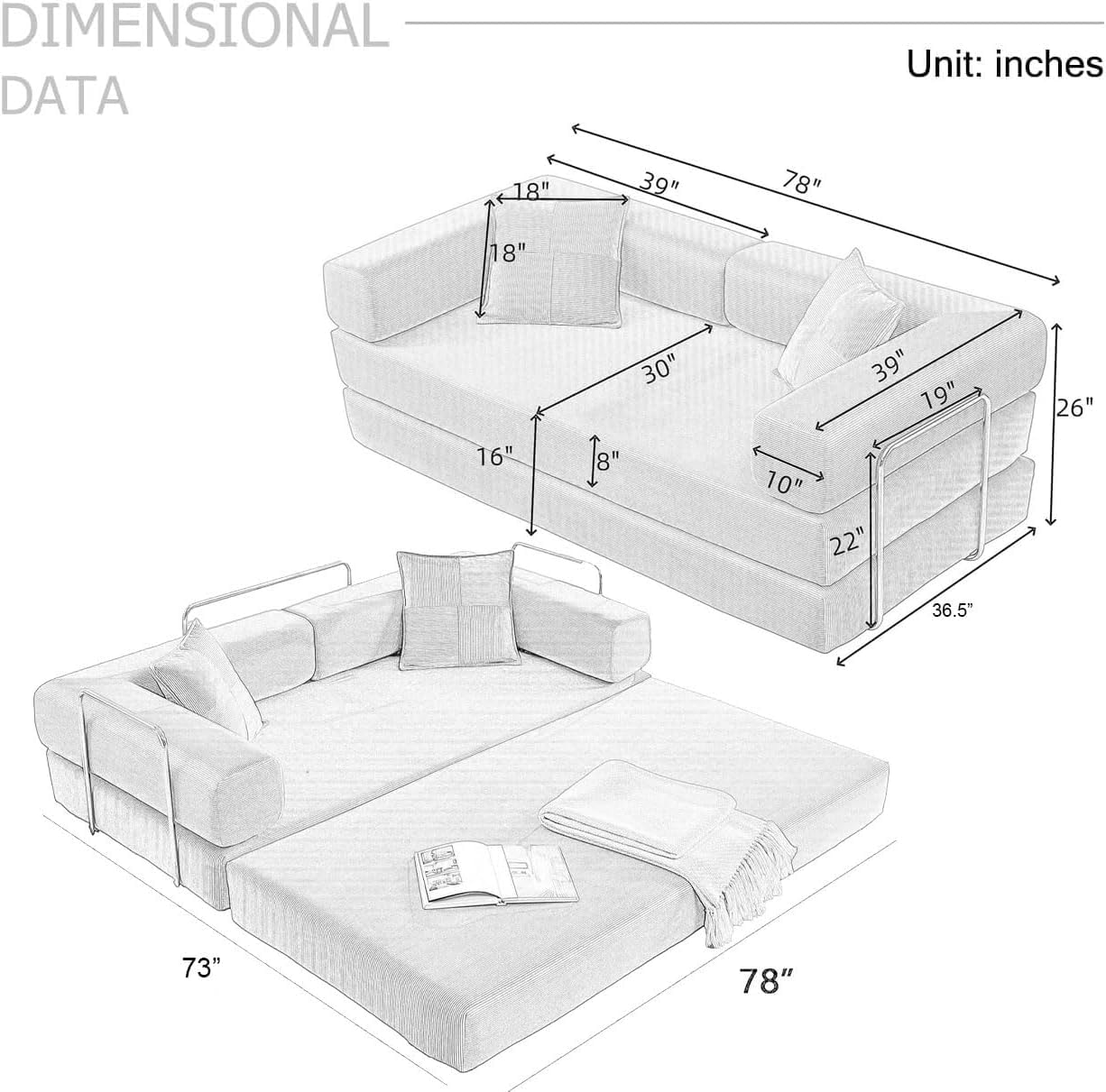 Convertible Folding Sofa Bed, Modern Futon Sleeper Sofa Fold Out Couch Bed with Gold Fixed Frame, Modular Floor Sofas Comfy Corduroy Boneless Couches for Living Room (78" Green)