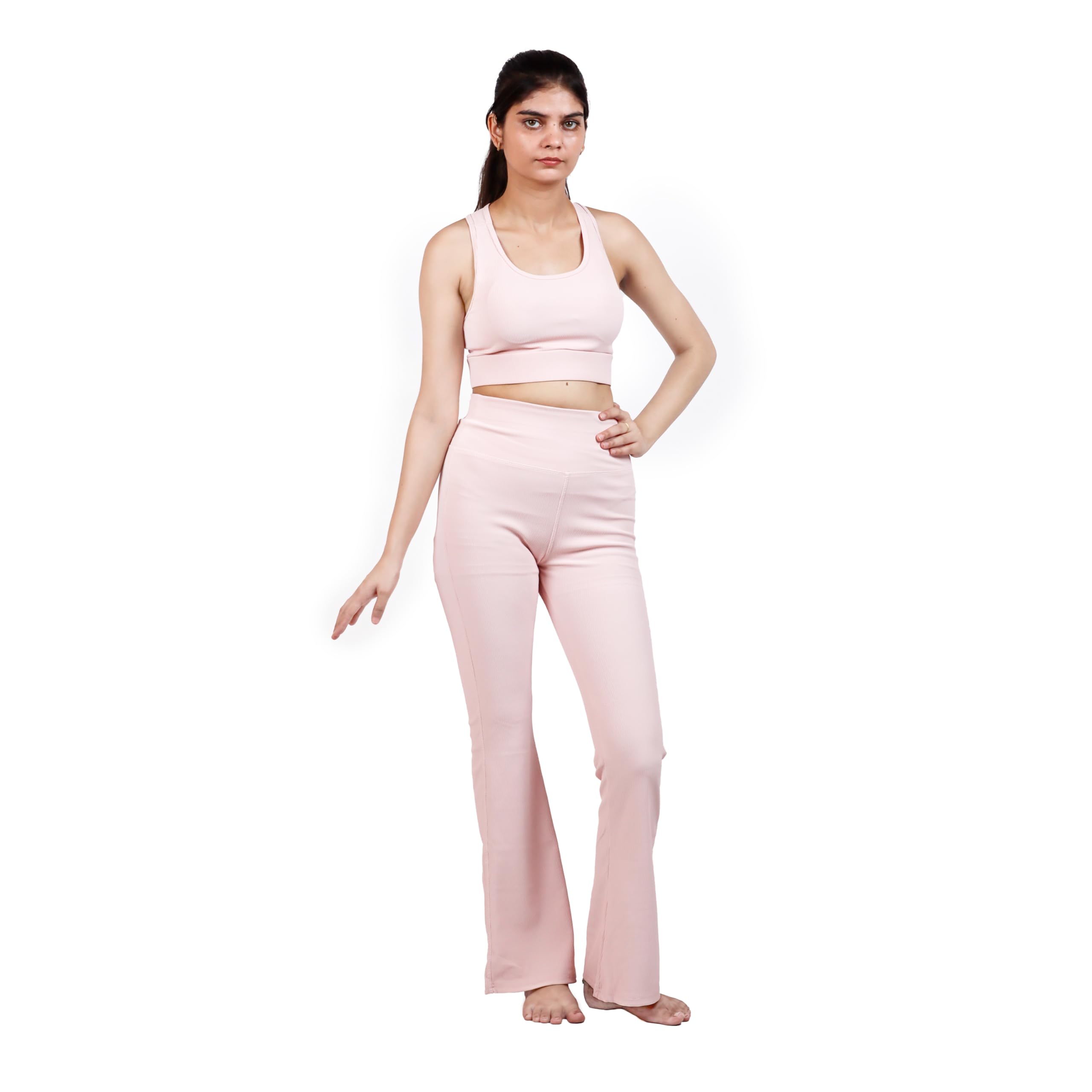 High Waist Stretchable Gym Dobby Tights Flair Pant and Stylish Bra Active Wear Yoga Flair Pants Dance Womens Workout Tights and Top Sportswear Set-image-6