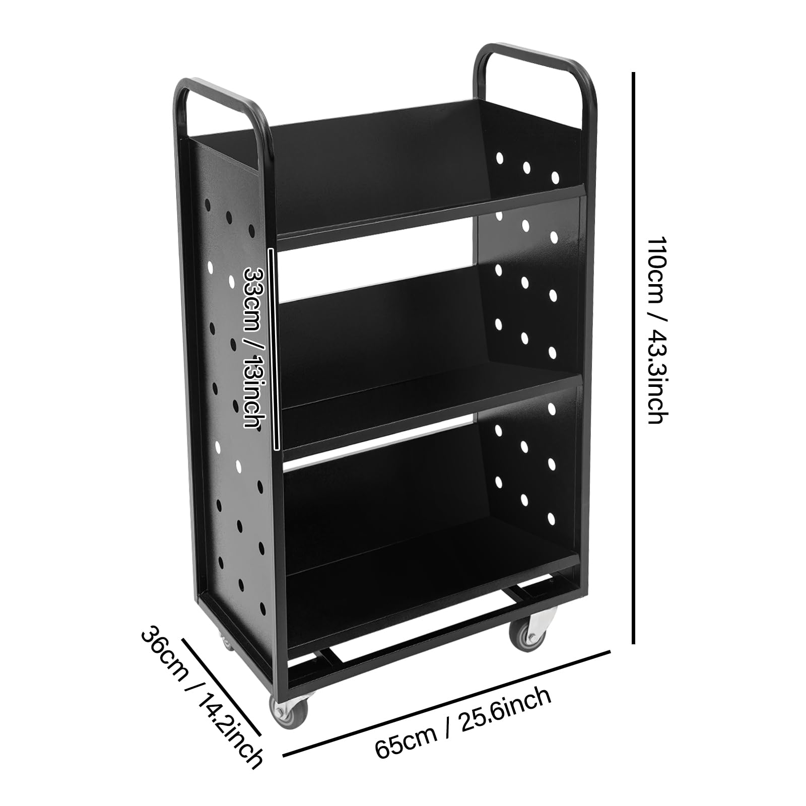 Carrello portaoggetti a tre piani, dimensioni 80 x 36 x 100 cm, nero, con ruote girevoli e maniglia, adatto per librerie, biblioteche, uffici e spazi abitativi