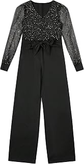 Girl's Mesh Lantern Long Sleeve Romper V Neck Tie Front Jumpsuit Stretchy Party Wide Leg Jumpsuit